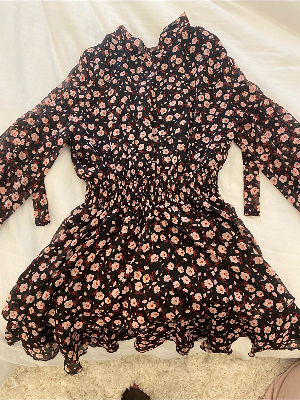 Zara Black Long-Sleeve Floral Smocked Dress with Pink Flowers